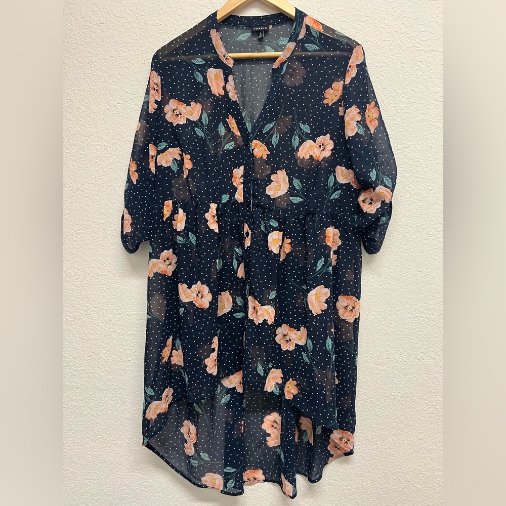 Torrid Navy Chiffon Floral Dot Sheer Tunic Top Blouse size 0  0X - Picture 3 of 11